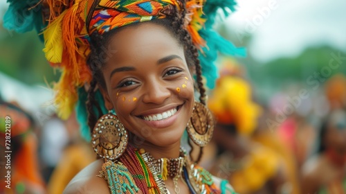 Joyful Carnival Queen with Vibrant Headwear