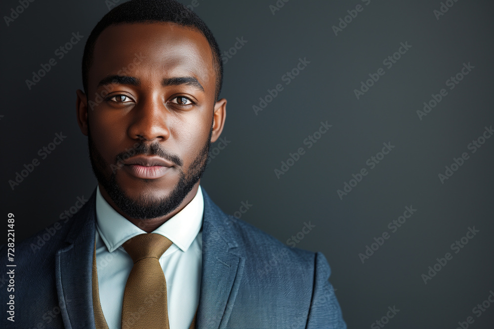 Intense gaze from an African American businessman in a tailored blue suit with a gold tie, representing professionalism and determination. Intense gaze from an African American businessman in a tailored blue suit with a gold tie, representing professionalism and determination.