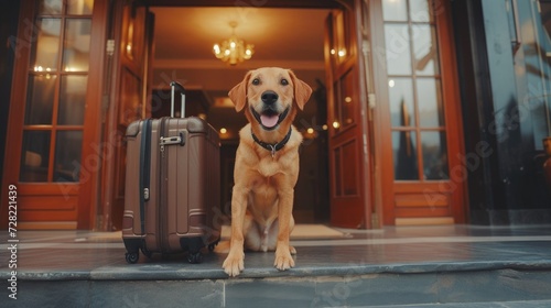 Welcome dog. Concept of pet friendly hotel, pet friendly space. Dog and luggage suitcase at the hotel entrance, hotel door. Traveling with dogs