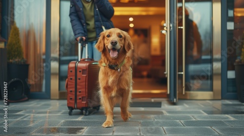 Welcome dog. Concept of pet friendly hotel, pet friendly space. Dog and luggage suitcase at the hotel entrance, hotel door. Traveling with dogs