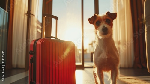 Welcome dog. Concept of pet friendly hotel, pet friendly space. Dog  and luggage suitcase at the hotel entrance, hotel door. Traveling with dogs © Rodica