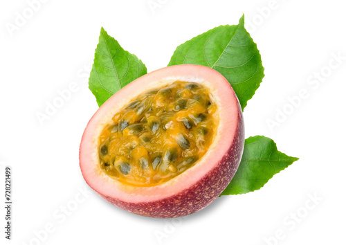Purple passion fruit (Passiflora edulis) with  leaf isolated on white background