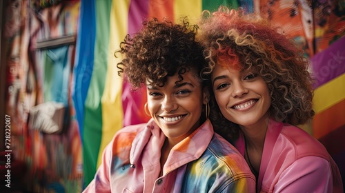 Two joyful LGBT with trendy hairstyles share a close and affectionate moment, with a vibrant pride flag flowing in the background. Generative ai
