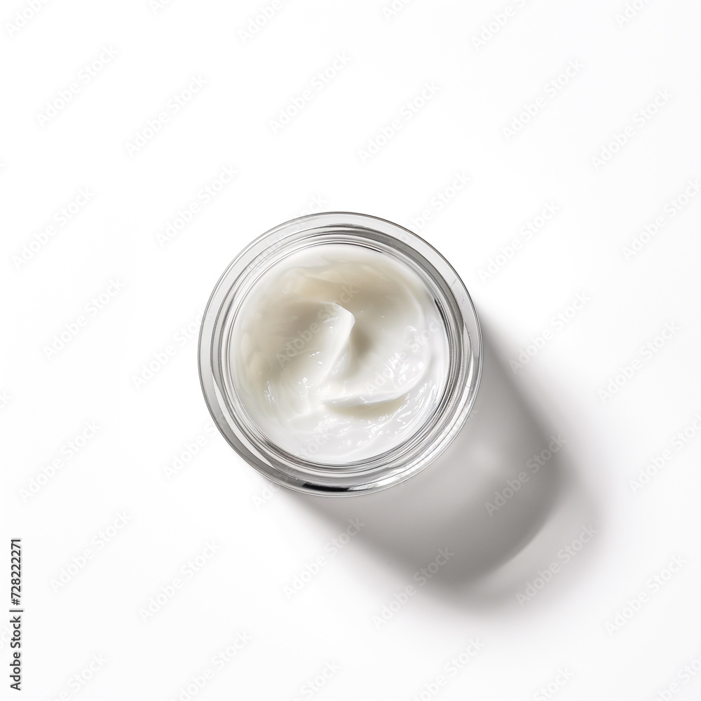 Open jar of moisturizing face cream with a smooth texture on a clean white background, concept of skincare and beauty Open jar of moisturizing face cream with a smooth texture on a clean white background, concept of skincare and beauty