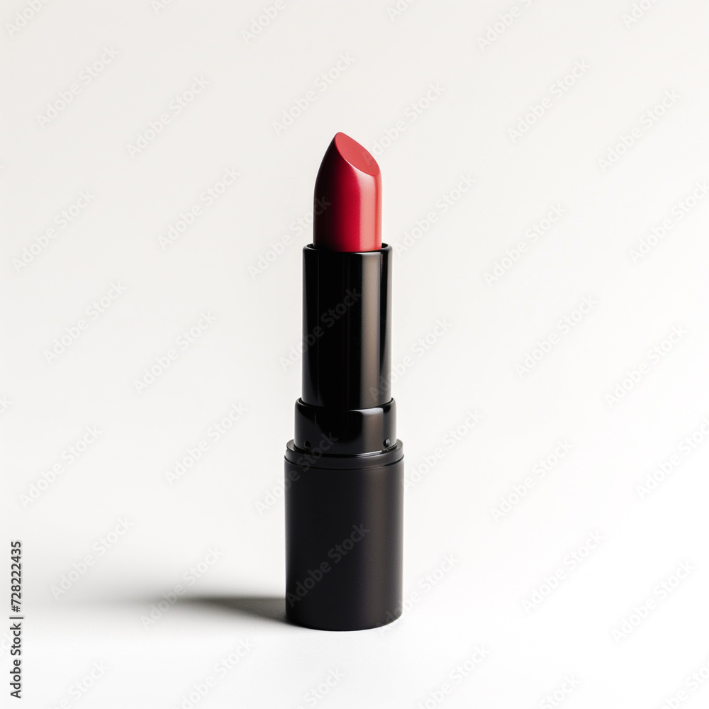 Red lipstick twisted up from a black tube against a plain white background, highlighting beauty and cosmetics Red lipstick twisted up from a black tube against a plain white background, highlighting beauty and cosmetics