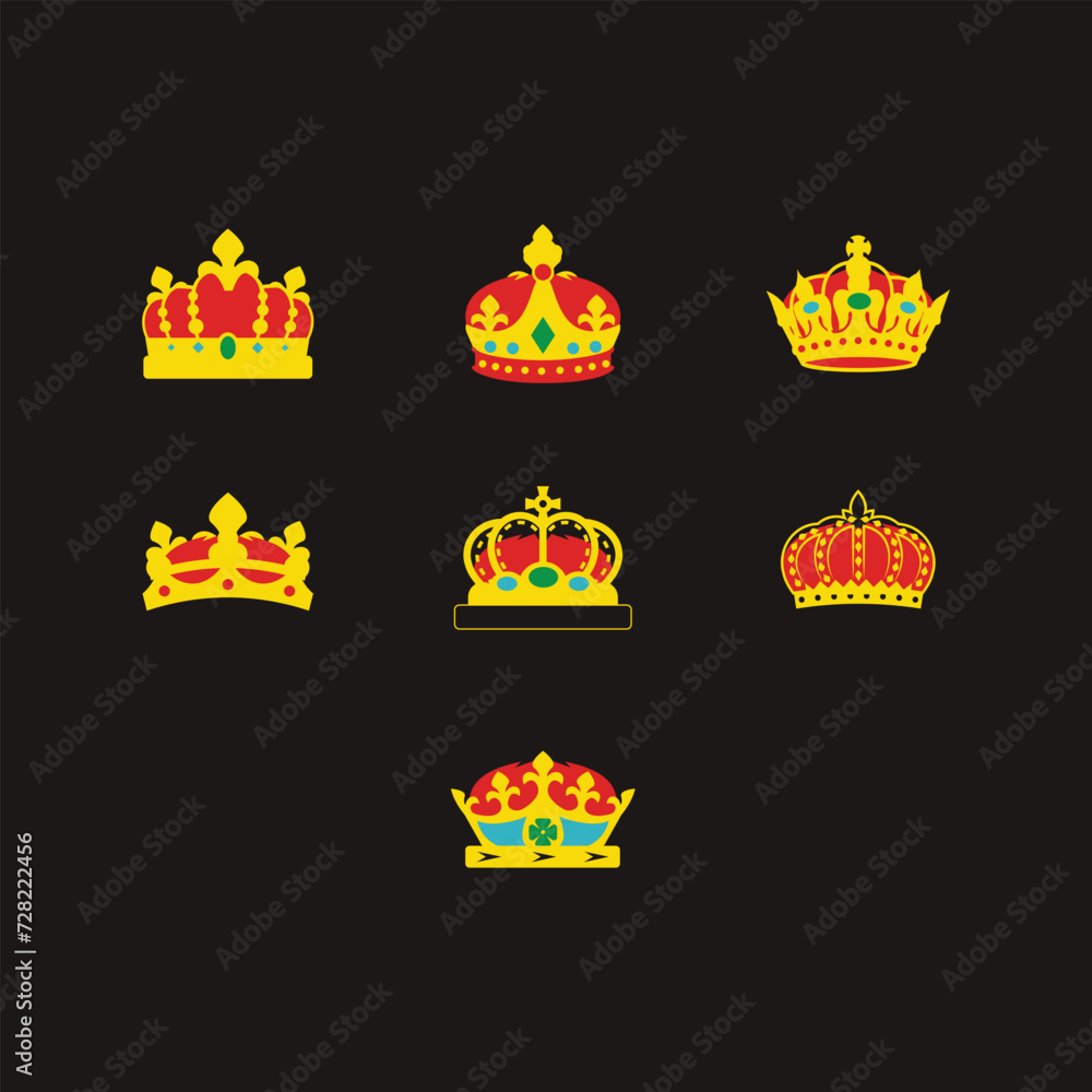 Crowns set. Golden royal jewelry symbol of king queen and princess. Sign of crowning prince authority. Crown jewels isolated on white background. Cartoon flat vector illustration