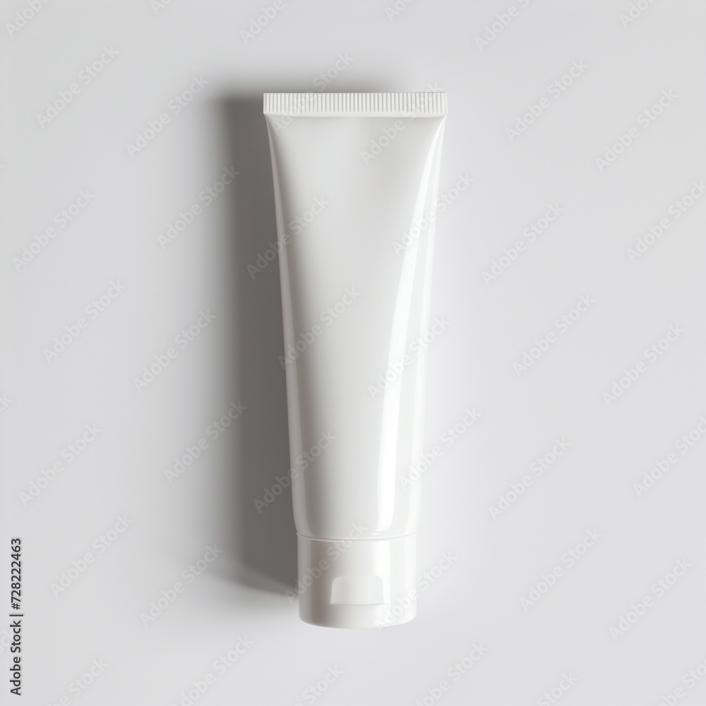 A minimalistic image of a blank white tube on a matching background, suitable for branding mockups and cosmetic product advertising A minimalistic image of a blank white tube on a matching background, suitable for branding mockups and cosmetic product advertising