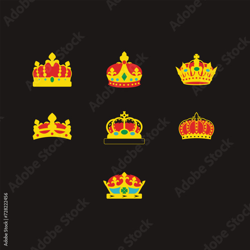 Crowns set. Golden royal jewelry symbol of king queen and princess. Sign of crowning prince authority. Crown jewels isolated on white background. Cartoon flat vector illustration