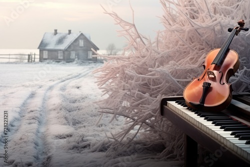 Piano and violin outside. Winter music concept. Everything white with snow.