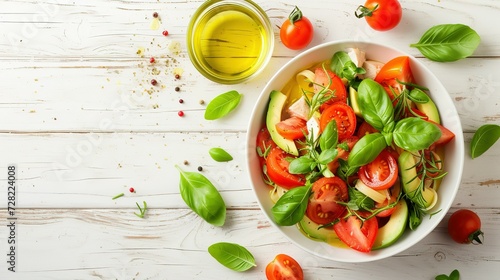 Healthy Chicken Pasta Salad with Avocado Tomato and olive oil and vinegar dressing in white bowl on white wood table vertical view from above free space. Creative Banner. Copyspace image