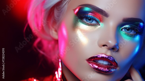 Close-up of a beautiful sexy female model with shiny bright makeup, sensual lips with lipstick in bright neon lights posing in a studio on a black background.