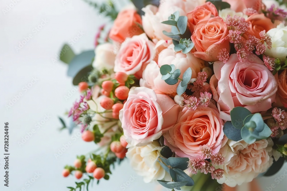 Wedding flowers, bridal bouquet closeup. Decoration made of roses, peonies and decorative plants, closeup, selective focus, nobody, objects. generative ai. Wedding flowers, bridal bouquet closeup. Decoration made of roses, peonies and decorative plants, closeup, selective focus, nobody, objects. generative ai.