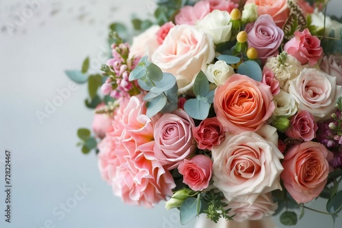 Wedding flowers, bridal bouquet closeup. Decoration made of roses, peonies and decorative plants, closeup, selective focus, nobody, objects. generative ai. © SEUNGJIN