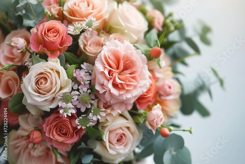 Wedding flowers, bridal bouquet closeup. Decoration made of roses, peonies and decorative plants, closeup, selective focus, nobody, objects. generative ai.