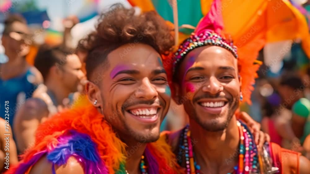 Moderate close-up view - Happy 25-year-old gay couple smiling in rainbow clothes at Pride in São Paulo. Dancing to a live samba band. Surrounded by a sea of rainbow flags and colorful costumes. Sunny Moderate close-up view - Happy 25-year-old gay couple smiling in rainbow clothes at Pride in São Paulo. Dancing to a live samba band. Surrounded by a sea of rainbow flags and colorful costumes. Sunny