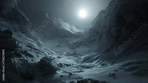 A photograph capturing the essence of an undiscovered city concealed within a snowy mountain landscape. The predominantly black background highlights a central white focal point