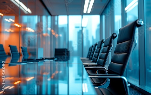 High level meeting of excutive room is decorated with stylish table and chairs around.