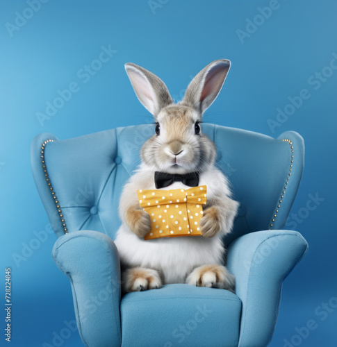 Cute Easter bunny eating chips, sitting on blue couch. Creative holiday scene.
