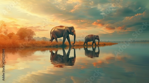 Elephants walking by the lake