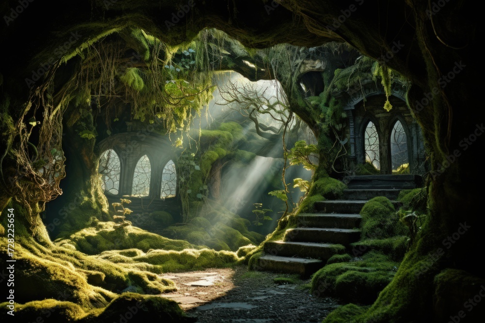 Sunlight filters through ancient trees in a moss-covered forest