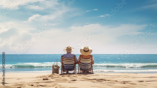 A man and a woman are sitting on the beach, overlooking the sea.