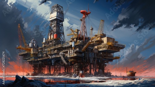 Illustration of offshore drilling for gas and petroleum during sunset.