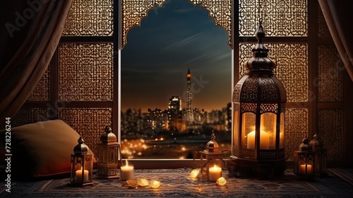 Latern at night with mosque city view