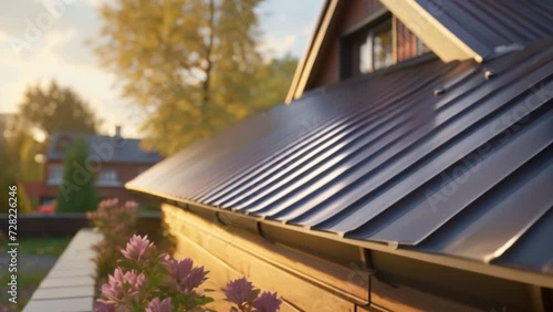 corrugated metal roof installed in a modern house. Corrugated metal roof Modern roof made of metal Metal sheet roof.