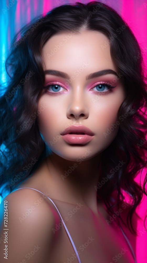 A close-up portrait of a beautiful young brunette woman with blue eyes, fresh makeup, looking directly into the camera on a neon blue rose background. A close-up portrait of a beautiful young brunette woman with blue eyes, fresh makeup, looking directly into the camera on a neon blue rose background.