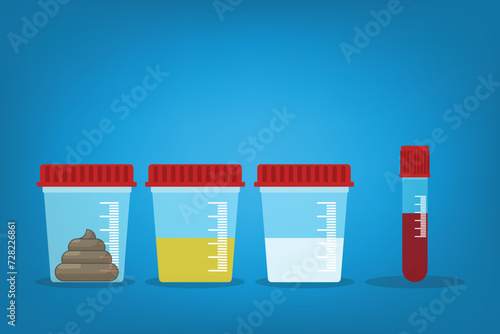 Urine, stool, sperm and blood analysis. Urine, stool, sperm and blood test icon. Medical analysis laboratory test. Medical samples.	