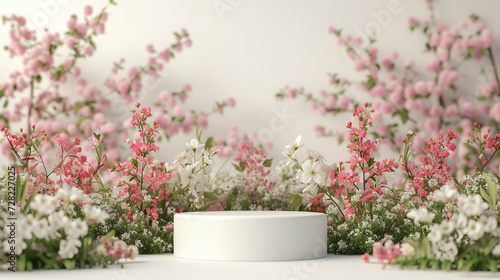 Podium flower product white 3d spring table beauty stand display nature white. Garden floral background cosmetic field scene gift day #728227025