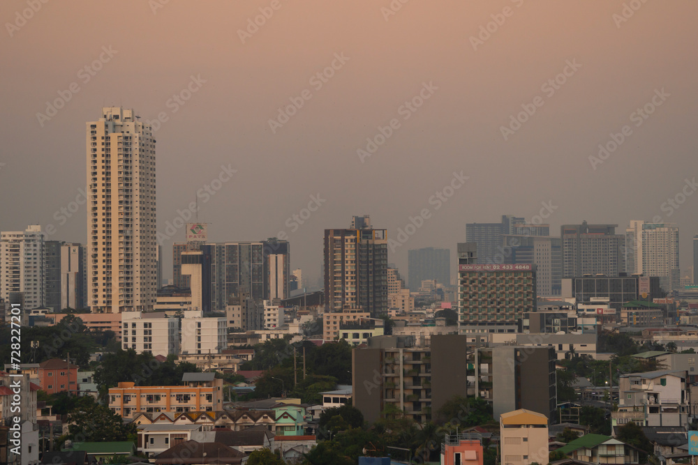 Naklejka premium Aerial view of Bangkok Downtown Skyline, Thailand. Financial district and business centers in smart urban city in Asia. Skyscraper and high-rise buildings.