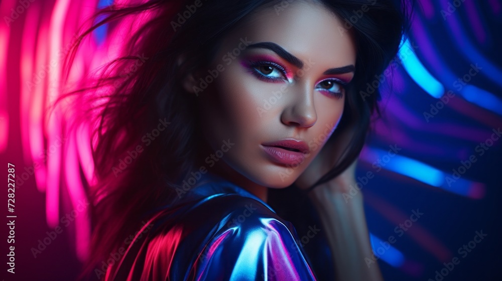 Close-up portrait of a beautiful young brunette woman with blue eyes, fresh makeup, with direct gaze into the camera on a neon blue rose background. A model posing in the studio.