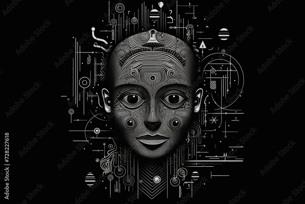 Fine-art portrait concept. Abstract and surreal dreamlike beautiful woman minimalist portrait. Sketch, three dimensional, tiny detailed drawing style. Black and white image Fine-art portrait concept. Abstract and surreal dreamlike beautiful woman minimalist portrait. Sketch, three dimensional, tiny detailed drawing style. Black and white image
