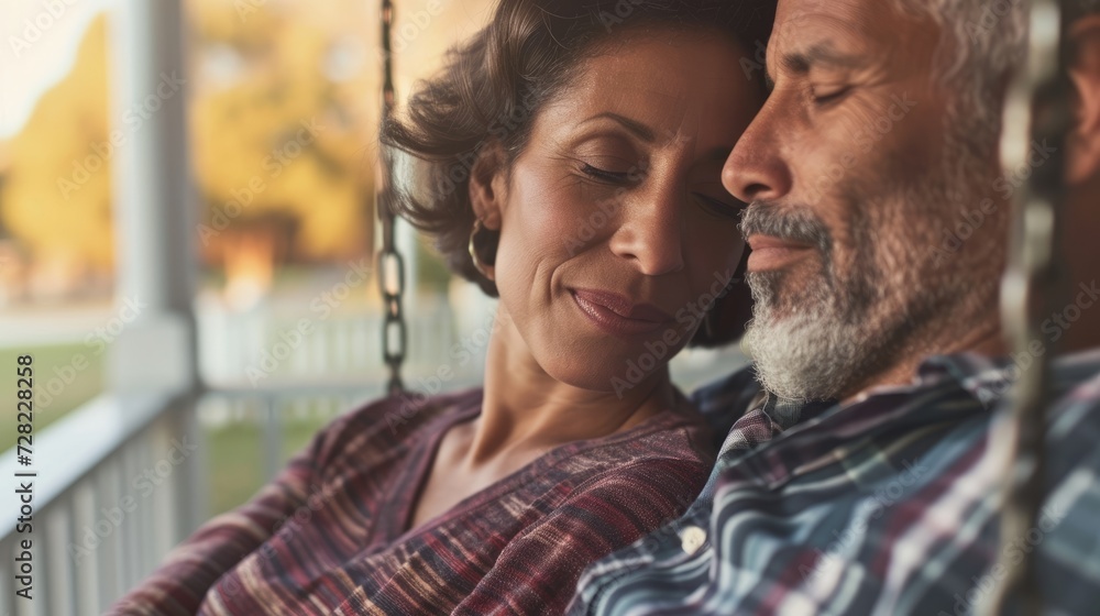 A middleaged interracial couple sitting on a porch swing and enjoying a beautiful afternoon together. A middleaged interracial couple sitting on a porch swing and enjoying a beautiful afternoon together.