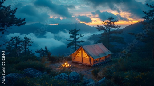 Tent camp with campfire on the forest  photo