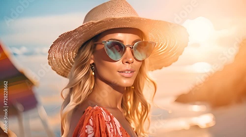 a woman wearing a hat and sunglasses on the beach photo
