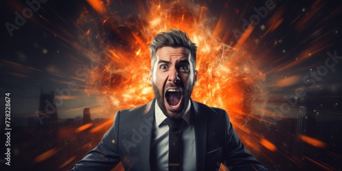 Angry aggressive businessman shouting at camera, he is frustrated and stressed.