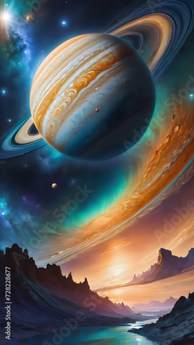 Space-themed Illustration with Bright Sun, Glowing Planet, and Explosive Galaxy Motion on a Vibrant Blue and Orange Background