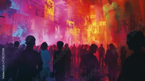 generative artwork featuring a virtual crowd at an underground music festival, dressed in grunge and alternative styles, with a dynamic, animated lo-fi texture overlay
