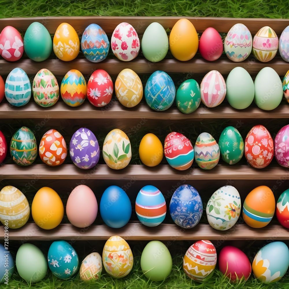 A collection of painted easter eggs celebrating a Happy Easter template with a wooden bench to place products with green grass and transparent background 
