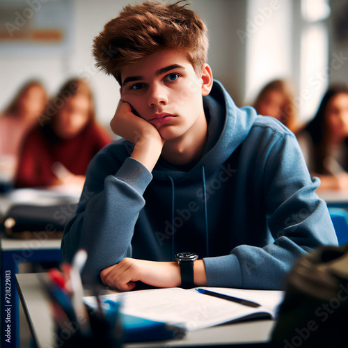 Estudiante de bachillerato aburrido en clase. Desinterés por la educación photo