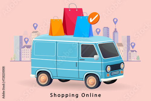 Fast and reliable online shopping delivery. This illustration of a delivery van with a confirmation checkmark is perfect for websites, apps, and articles on e-commerce logistics and urban delivery.