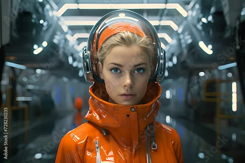 a woman in an orange space suit with headphones photo