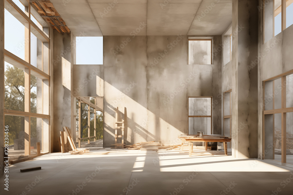 concrete structure in construction site building with sunlight, generative AI. concrete structure in construction site building with sunlight, generative AI.