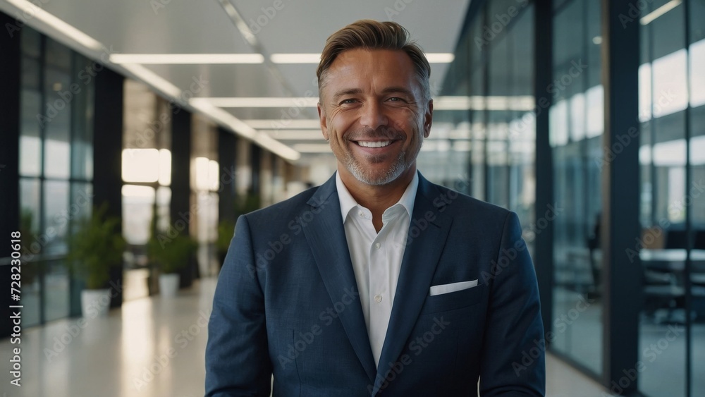 Portrait of successful senior businessman headshot of executive consultant looking at camera smiling inside modern office building generative ai