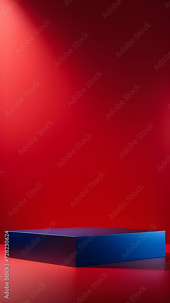 Blue platform, display for presentation of products, cosmetics on a red background.
