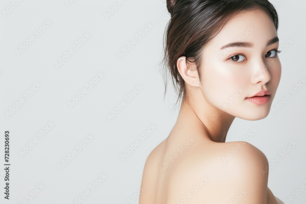 肩越しに振り返る肌の綺麗な日本人女性(白背景・背景なし・肩こり・スマホ首) 肩越しに振り返る肌の綺麗な日本人女性(白背景・背景なし・肩こり・スマホ首)