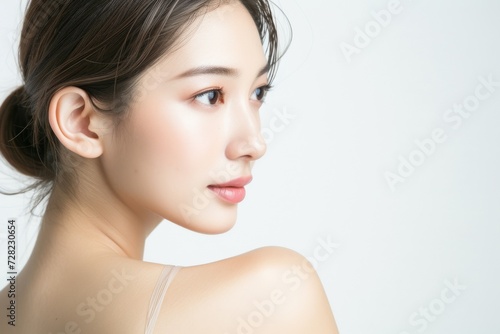肩越しに振り返る肌の綺麗な日本人女性（白背景・背景なし・肩こり・スマホ首） 