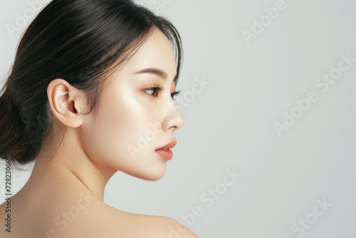 肩越しに振り返る肌の綺麗な日本人女性（白背景・背景なし・肩こり・スマホ首） 